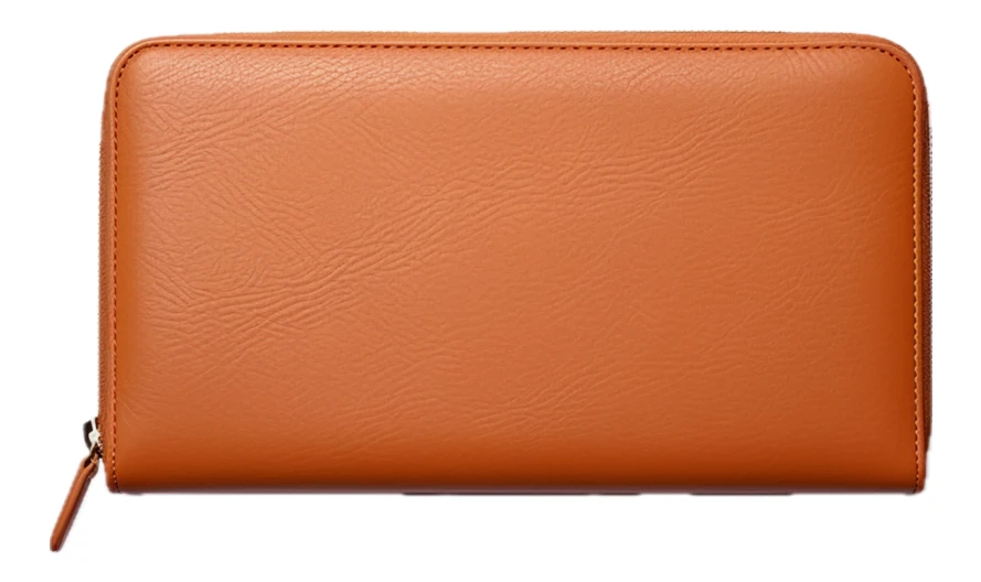 Brown leather zip-around wallet on white background