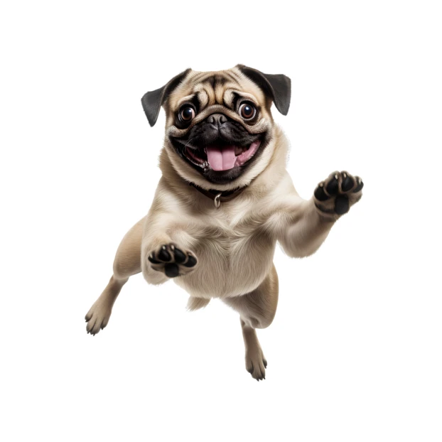Happy pug dog jumping in the air on white background