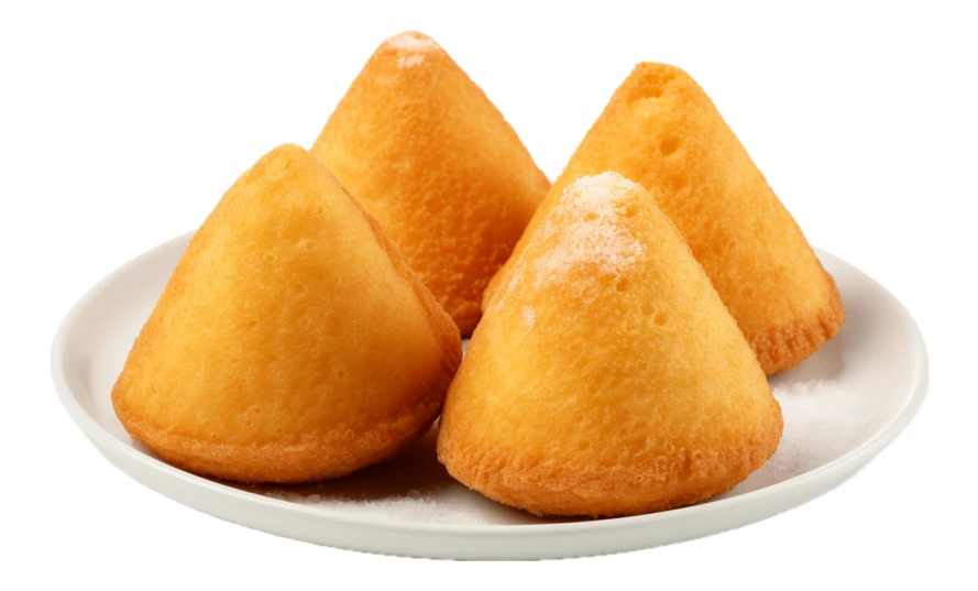 Four cone-shaped sponge cakes on a white plate