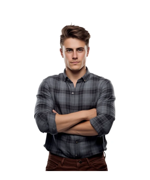 Confident young man in grey plaid shirt with arms crossed