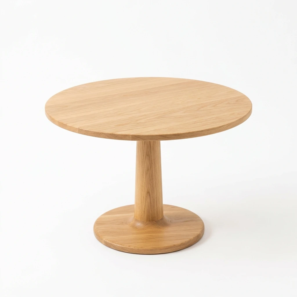Minimalist round wooden pedestal table on white background