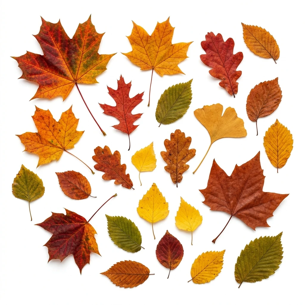 Collection of various colorful autumn leaves on white background