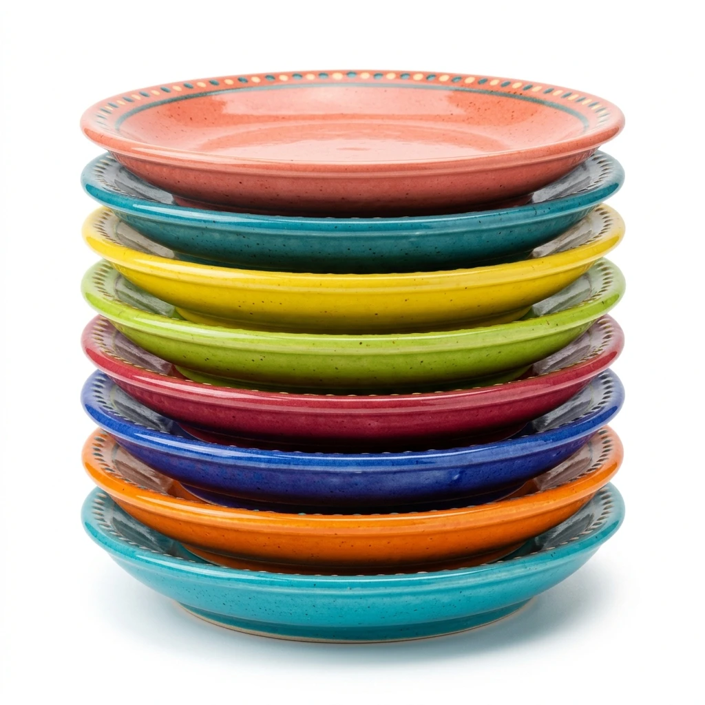 Stack of colorful ceramic plates isolated on white background