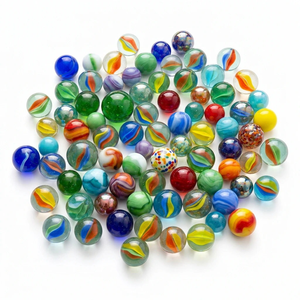 Collection of colorful glass marbles on a white background