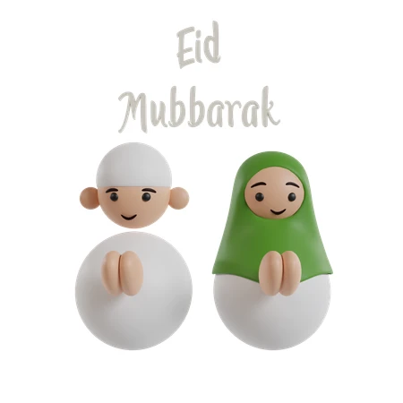 3D cartoon Muslim characters greeting for Eid Mubarak celebration