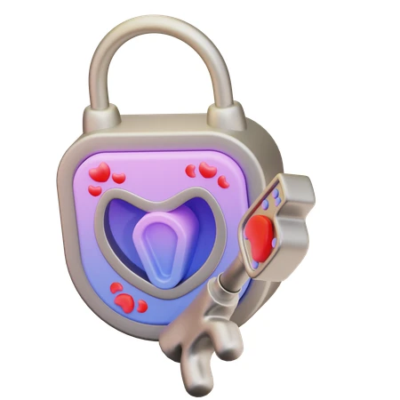 Stylized 3D heart shaped padlock and key icon