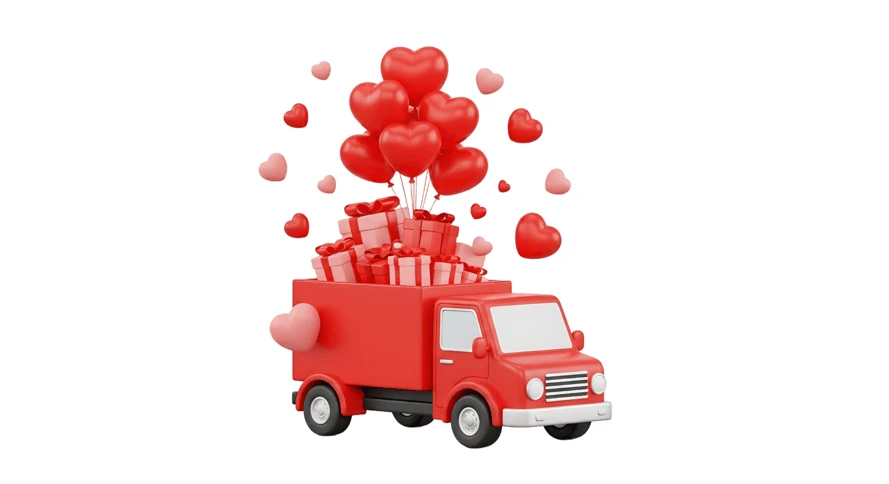 3D delivery truck carrying Valentine's Day gifts and hearts