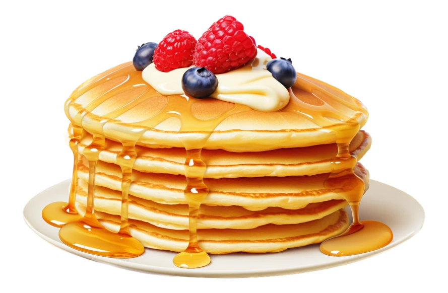 Stack of fluffy pancakes with syrup and fresh berries