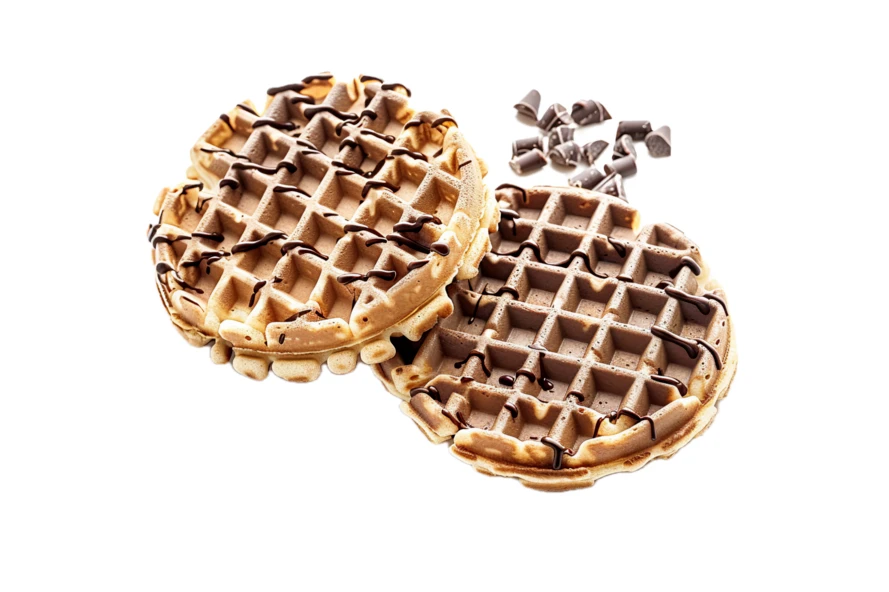 Two Belgian waffles with chocolate drizzle and chocolate chips