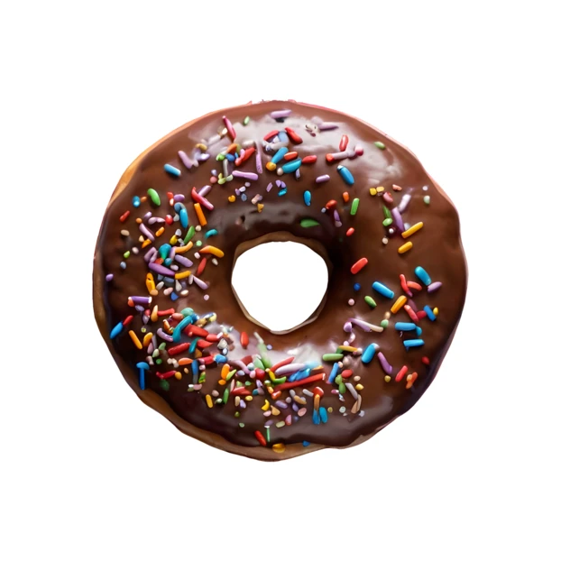 Chocolate glazed donut with colorful sprinkles on white background