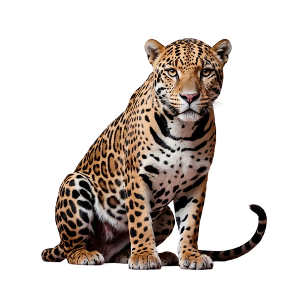 Jaguar sitting and looking at camera isolated on white