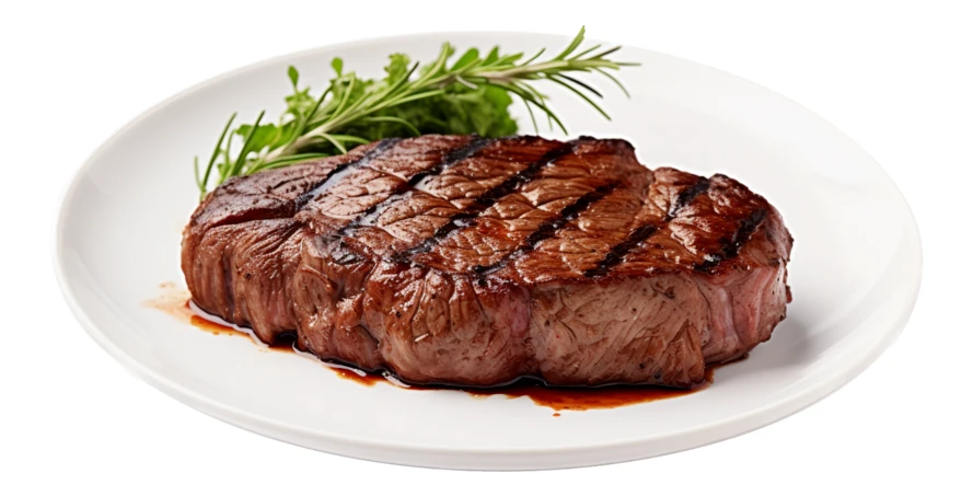 Grilled beef steak with rosemary garnish on white background