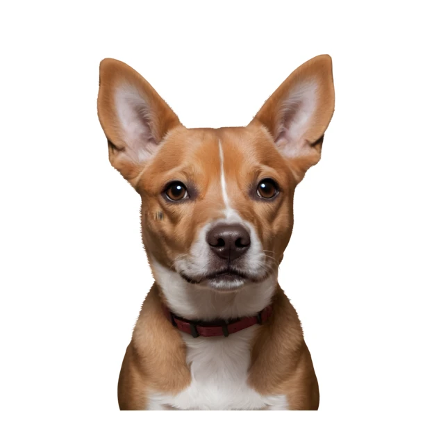 Tan and white mixed breed dog portrait on white background