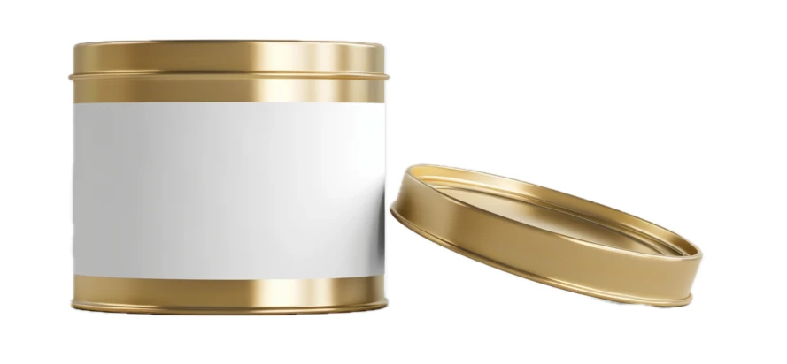 Gold metal tin canister with white label and open lid