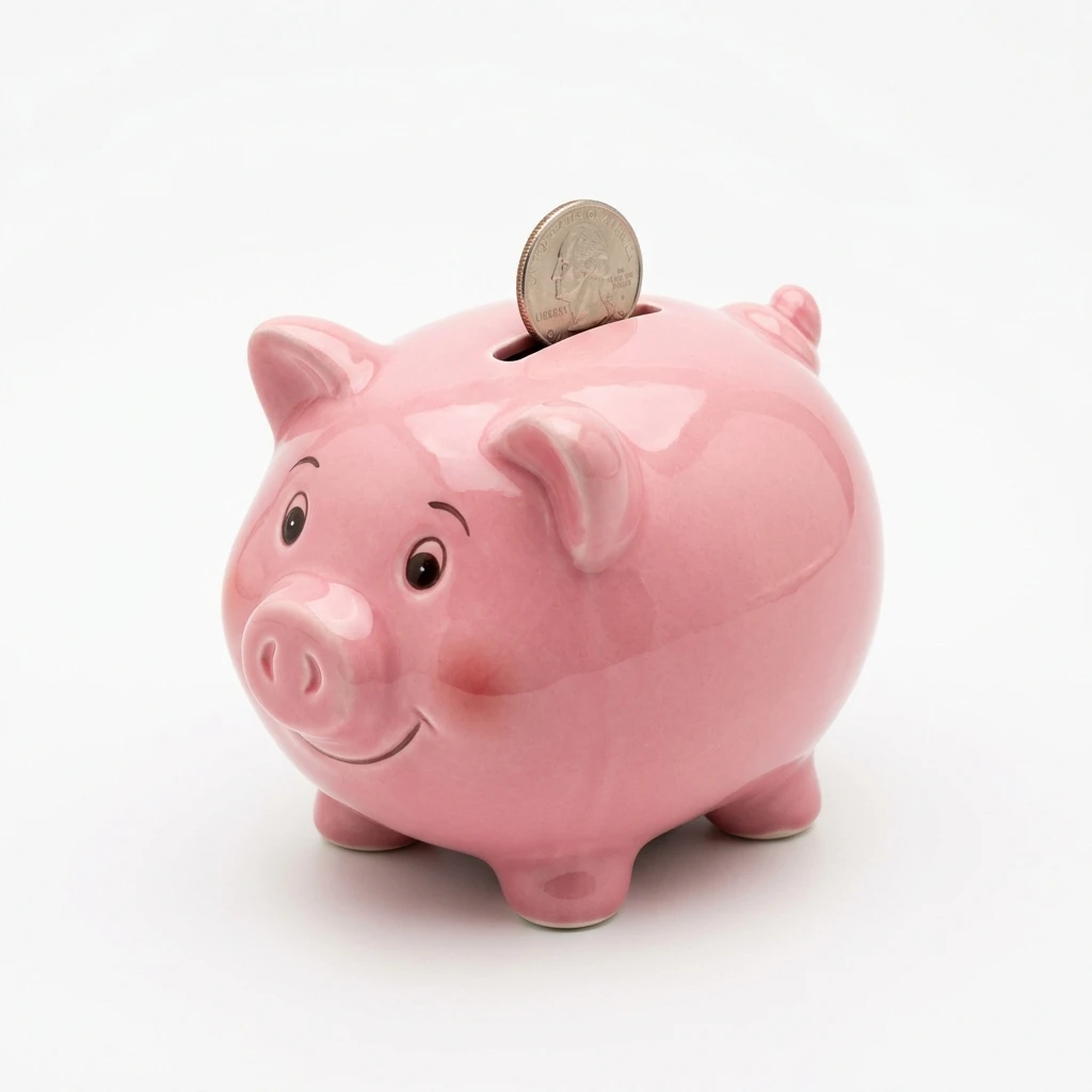 Pink ceramic piggy bank with a coin on white background