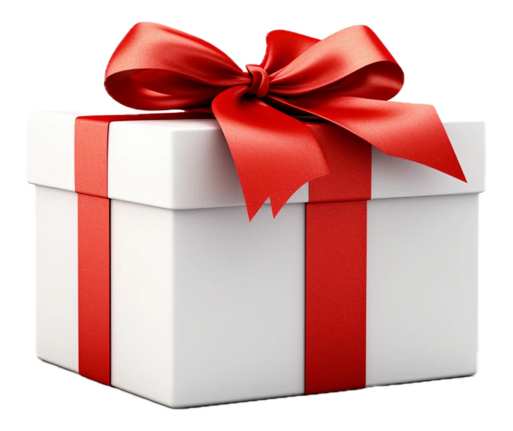 White gift box with red satin ribbon and bow