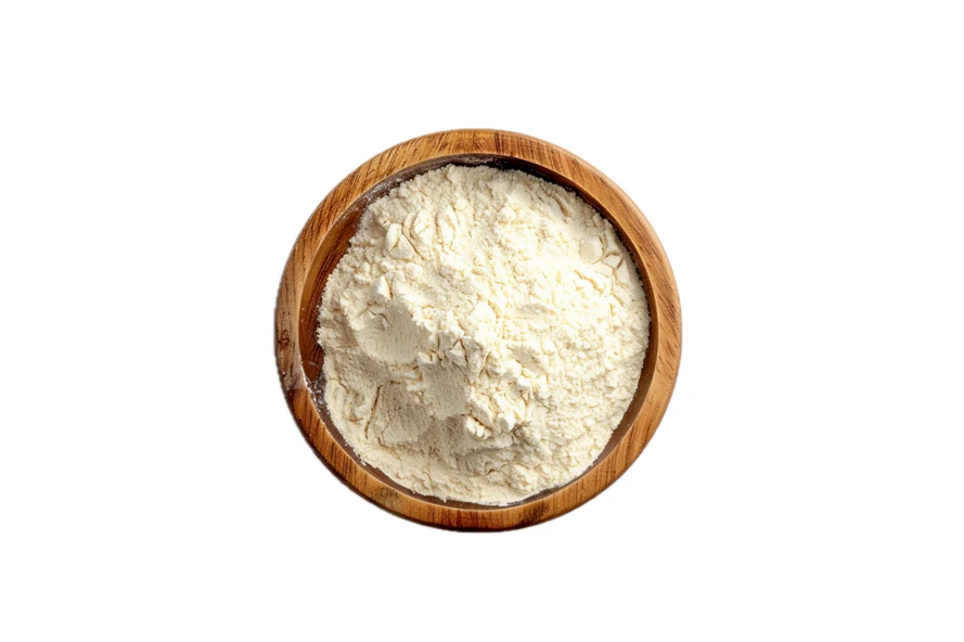 Top view of flour in a wooden bowl isolated on white