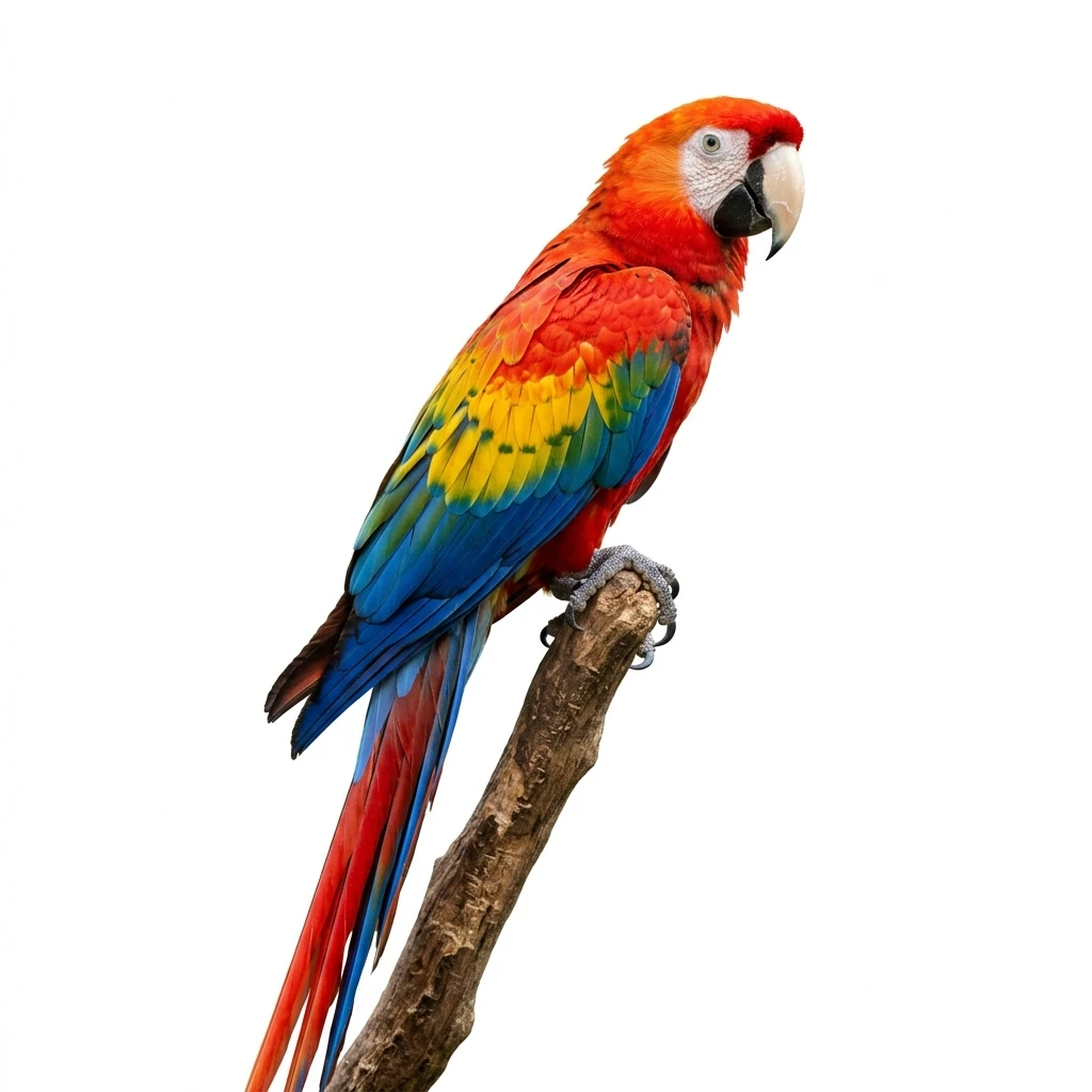 Colorful scarlet macaw perched on a branch isolated on white
