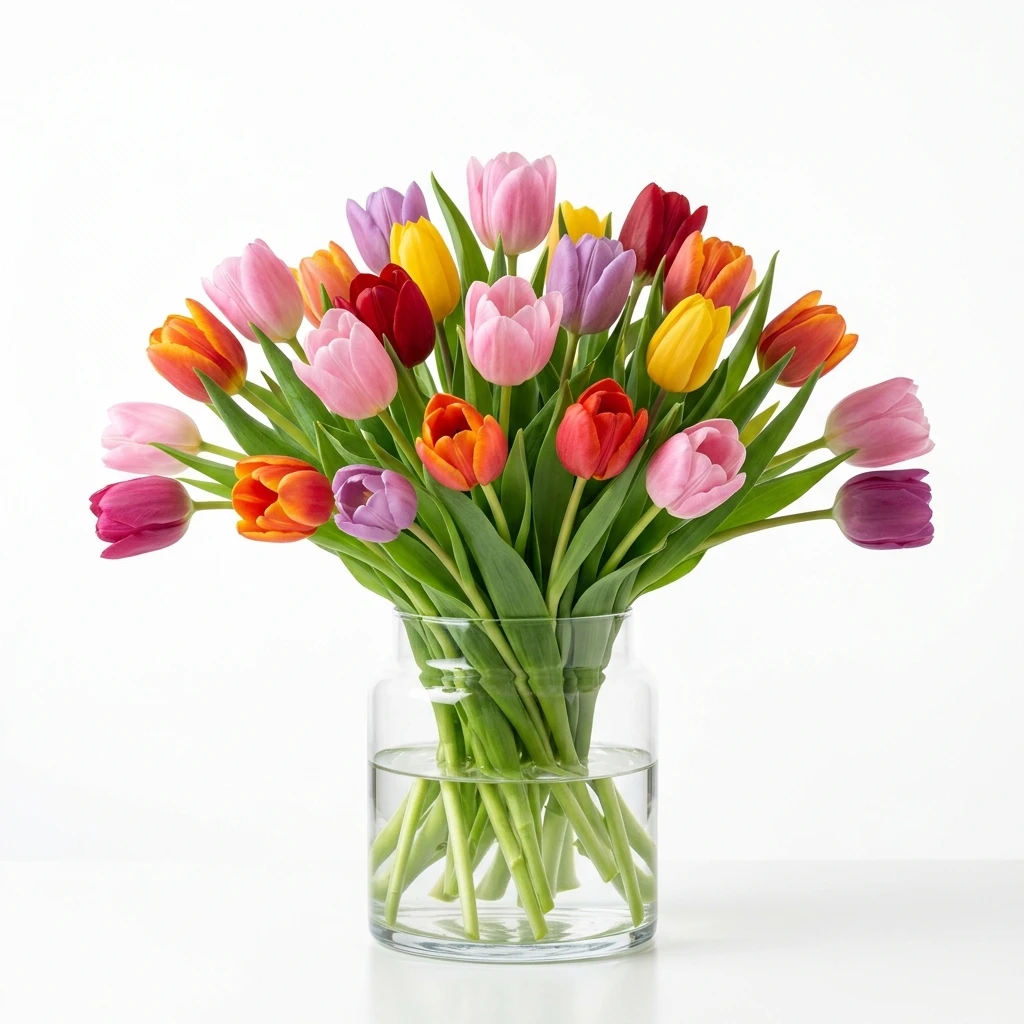 Colorful bouquet of spring tulips in a glass vase