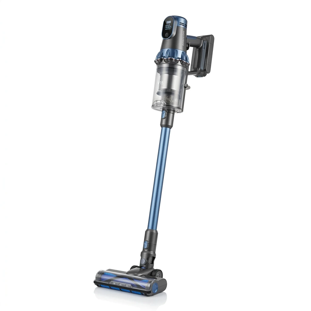 Modern blue cordless stick vacuum cleaner on white background