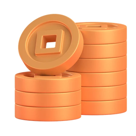 3D illustration of stacked Chinese lucky coins for wealth