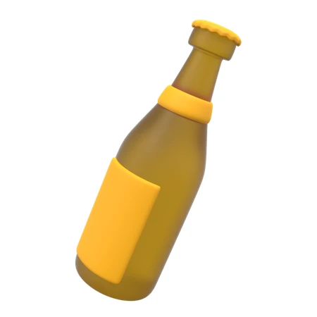 3D stylized beer bottle with yellow label on white background