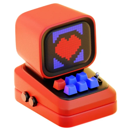 Retro red toy computer with pixel heart on screen