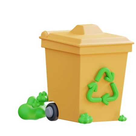 Yellow recycling bin with green symbol 3D illustration