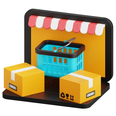 3D e-commerce concept with laptop, shopping basket, and boxes