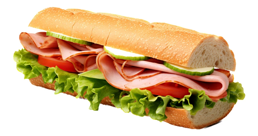 Fresh ham and vegetable submarine sandwich on white background