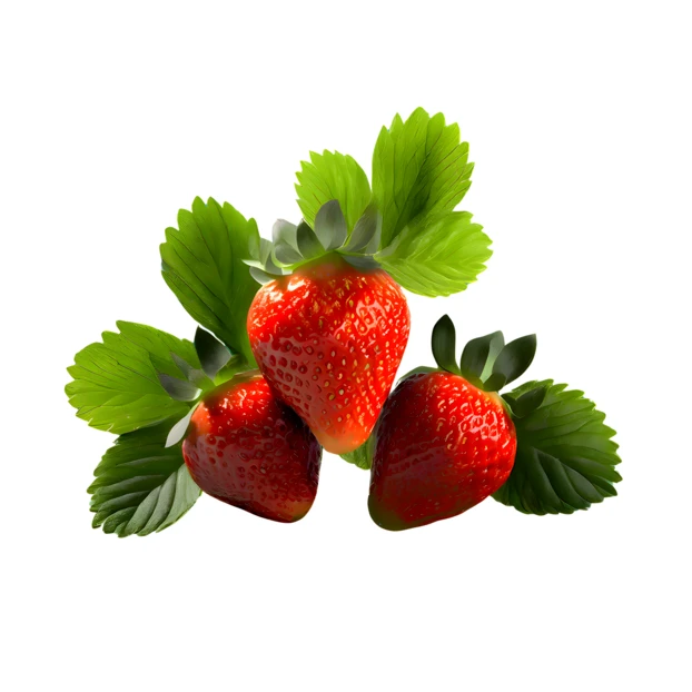 Three ripe strawberries with green leaves isolated on white
