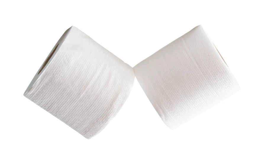 Two rolls of white toilet paper on white background