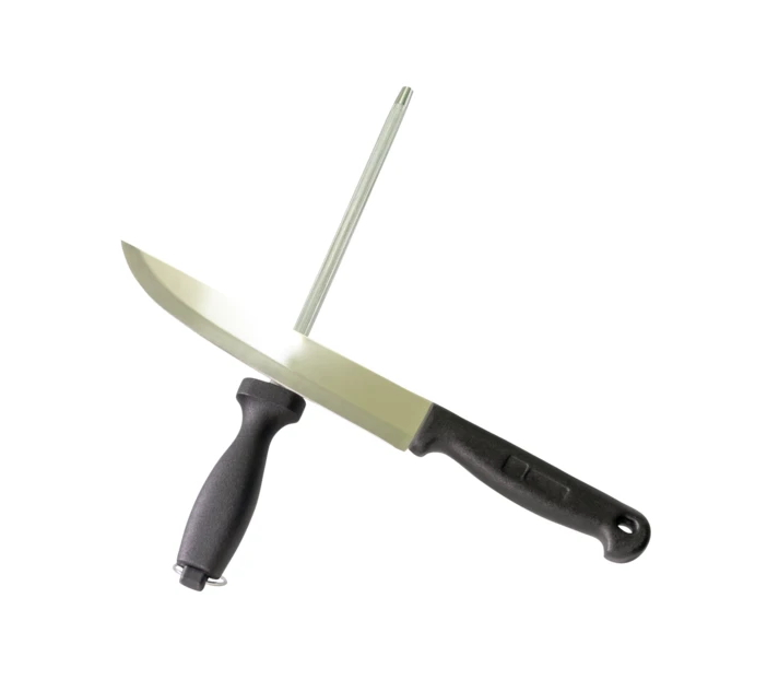 Chef's knife being sharpened with a honing steel