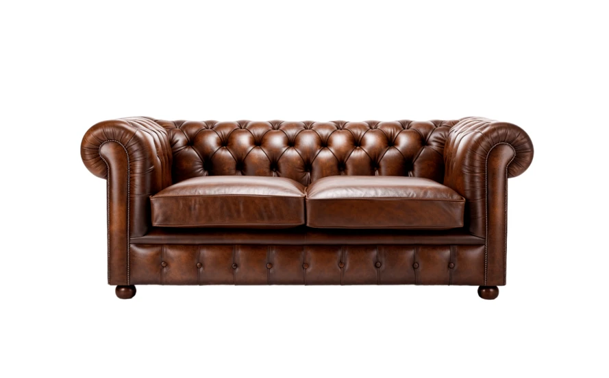Classic brown leather Chesterfield sofa isolated on white background