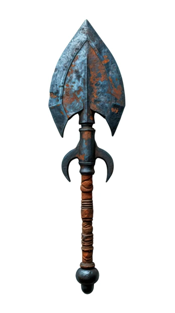 Rusty medieval fantasy spearhead isolated on white