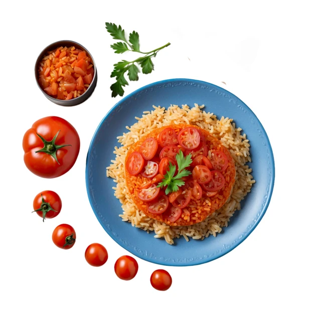 Tomato rice dish with fresh cherry tomatoes on blue plate