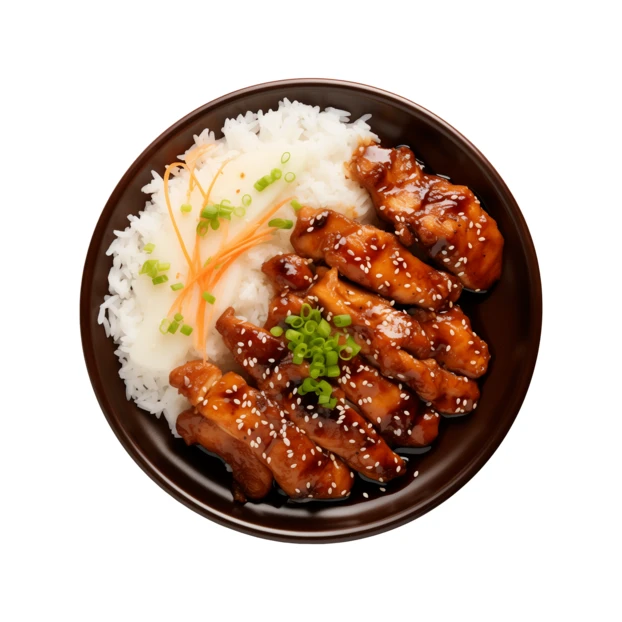 Chicken teriyaki with white rice isolated on white background