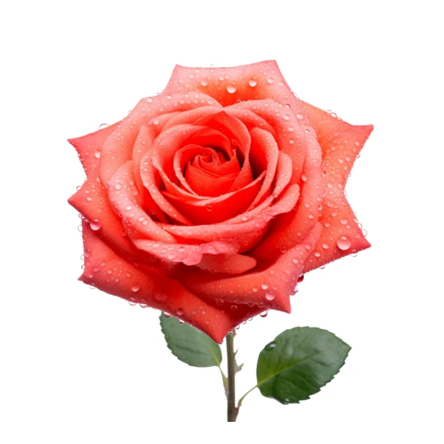 Single coral rose with water droplets isolated on white background
