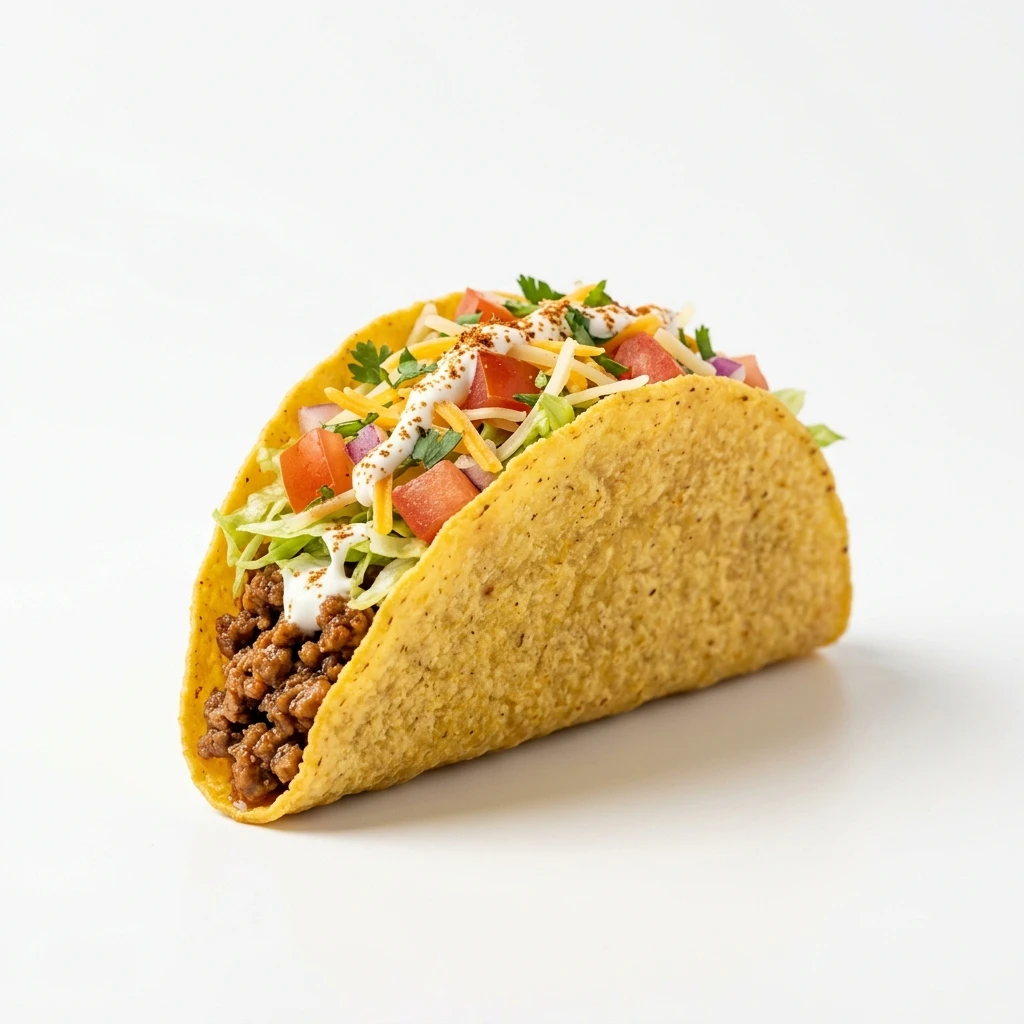Crispy ground beef taco with fresh toppings on white background