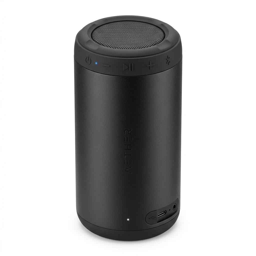 Black portable wireless Bluetooth speaker on a white background