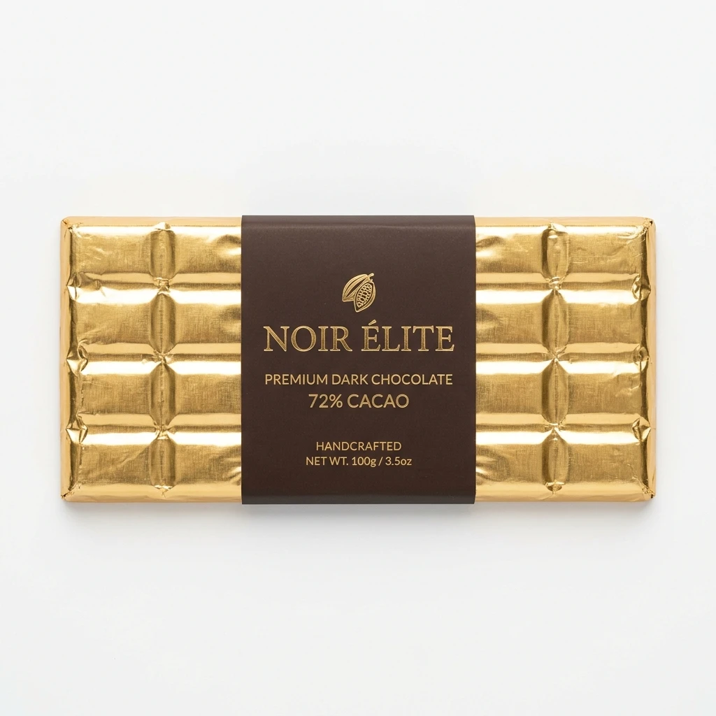 Gourmet handcrafted dark chocolate bar in gold foil packaging
