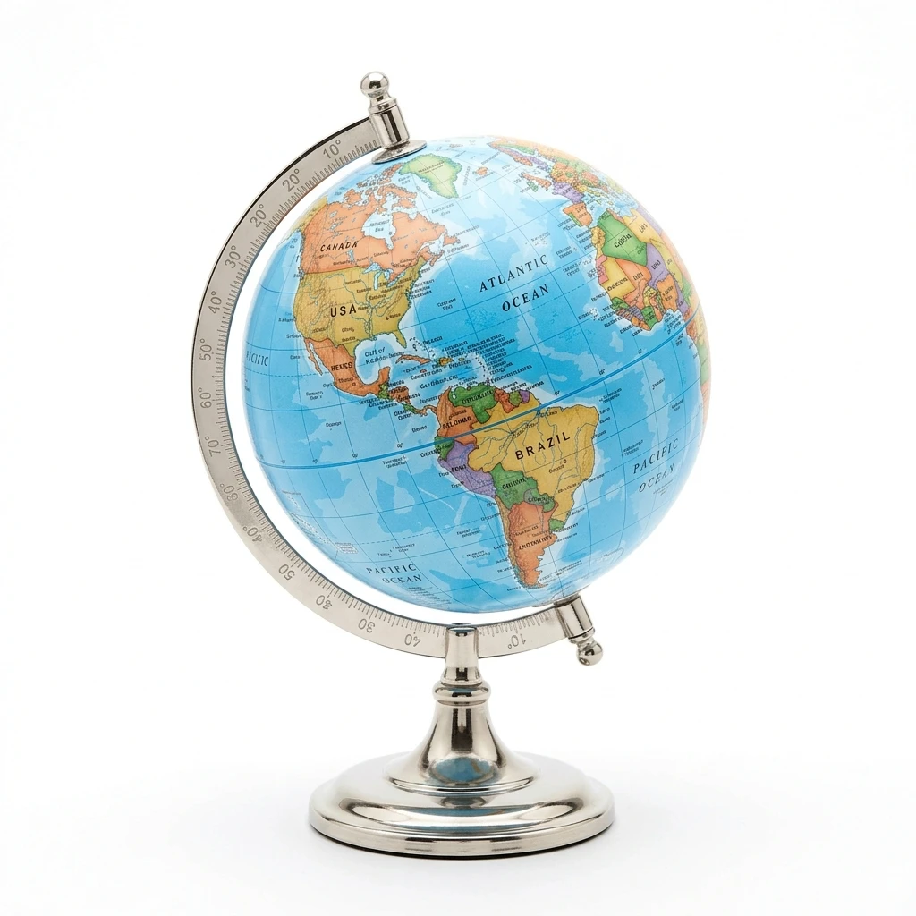 World globe on metal stand isolated on white background