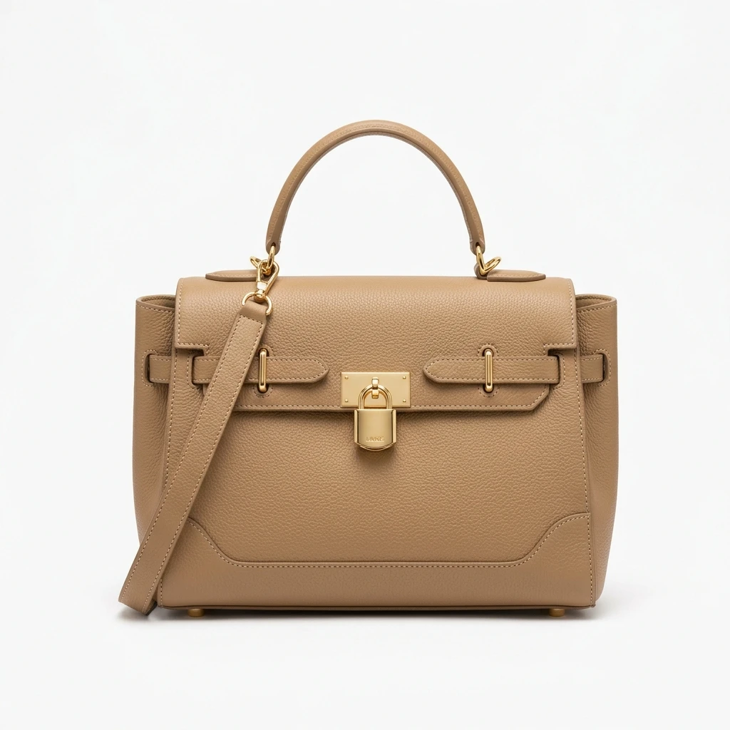 Beige leather designer handbag with gold padlock on white background
