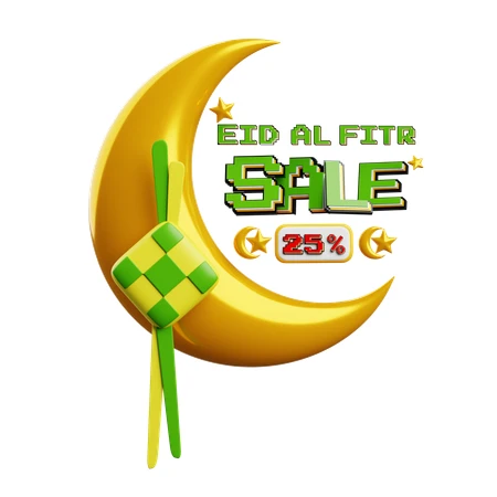 3D Eid al-Fitr sale banner with crescent moon and ketupat