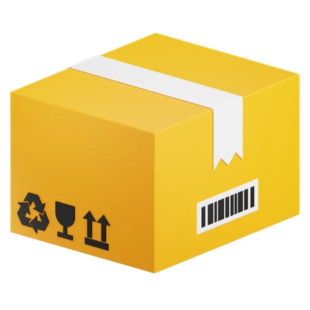 3D isometric yellow delivery box with barcode and shipping symbols