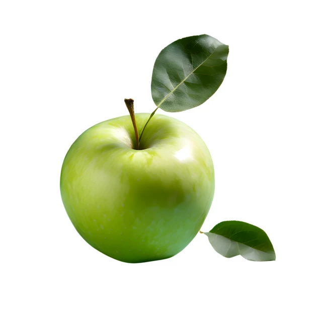 Single fresh green apple with leaves on white background