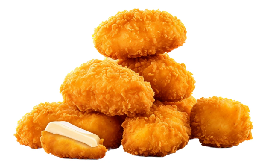 Stack of crispy breaded chicken nuggets with cheese filling