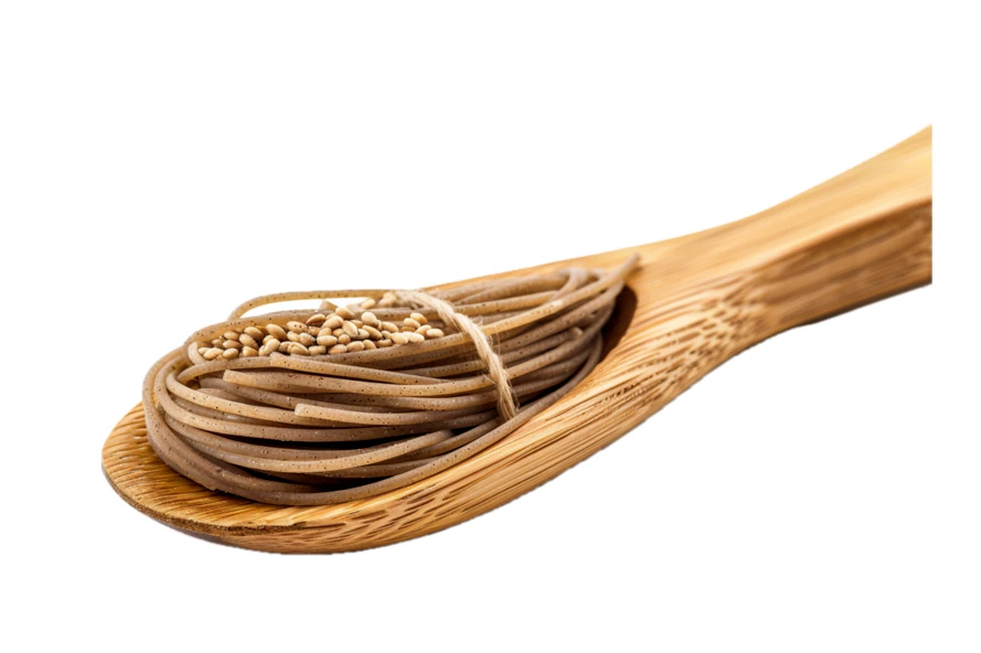 Dry buckwheat soba noodles and seeds on wooden spoon