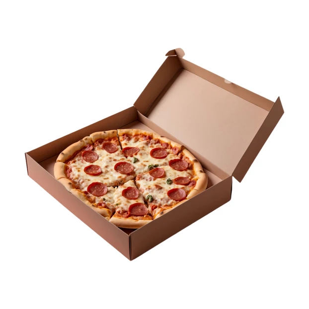 Fresh pepperoni pizza in open brown delivery box
