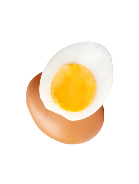 Half a hard-boiled egg on a whole brown egg